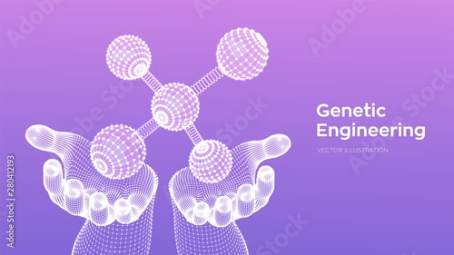 Molecule in hands. Dna, atom, neurons. Molecules and chemical formulas. 3D Scientific molecule background for medicine, science, technology, chemistry, biology. Vector illustration.