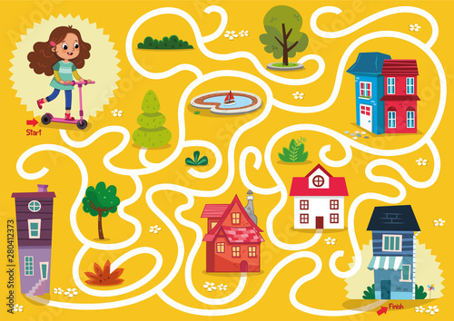 Scooter girl maze game in urban theme. Vector illustration.