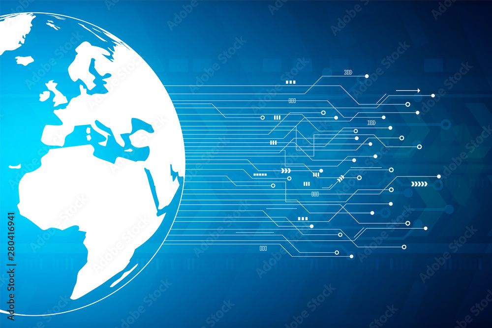Fototapeta premium Connection concept, Abstract technology speed background, blue circuit with globe map