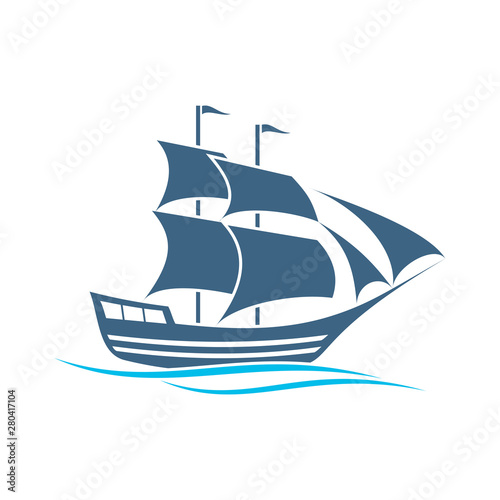 blue tall ships or sailing ships with their full sails set , boat logo design