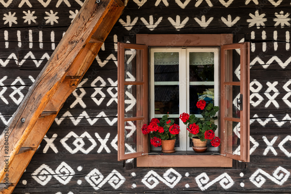 Old wooden houses in Slovakia UNESCO village Cicmany. The ornaments from Cicmany, and the Slovak folk pattern.