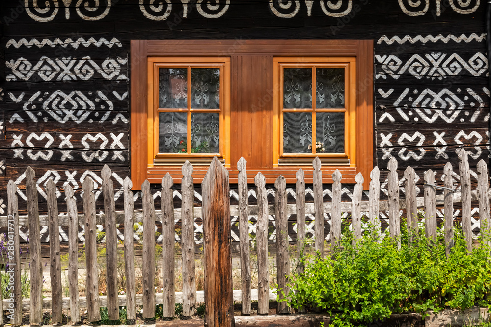 Old wooden houses in Slovakia UNESCO village Cicmany. The ornaments from Cicmany, and the Slovak folk pattern.