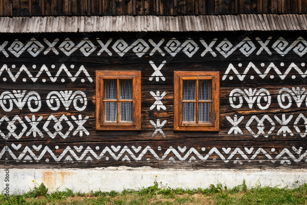 Old wooden houses in Slovakia UNESCO village Cicmany. The ornaments from Cicmany, and the Slovak folk pattern.