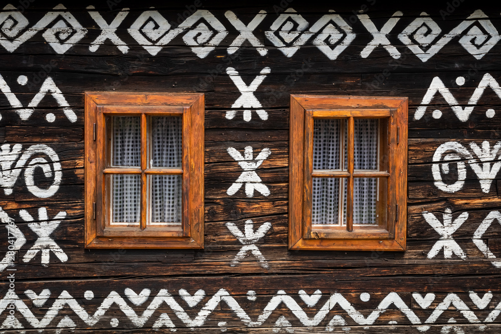 Old wooden houses in Slovakia UNESCO village Cicmany. The ornaments from Cicmany, and the Slovak folk pattern.