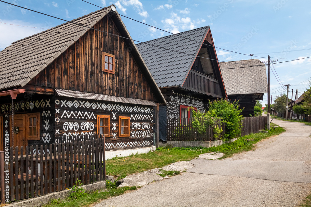 Old wooden houses in Slovakia UNESCO village Cicmany. The ornaments from Cicmany, and the Slovak folk pattern.