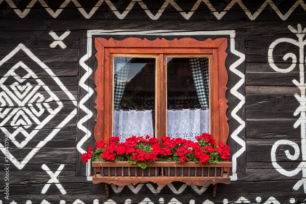 Old wooden houses in Slovakia UNESCO village Cicmany. The ornaments from Cicmany, and the Slovak folk pattern.