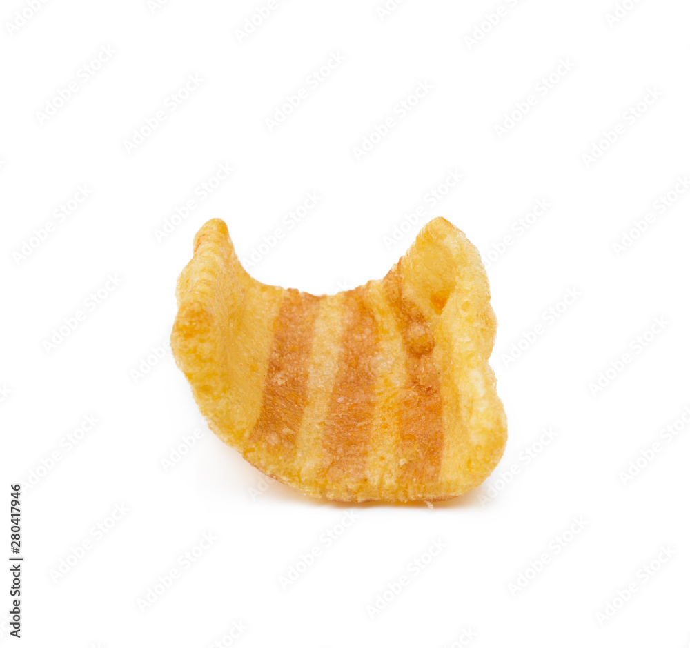 Fried wheat-potato snack with smoked bacon flavor isolated on white background Fried wheat-potato snack with smoked bacon flavor isolated on white background