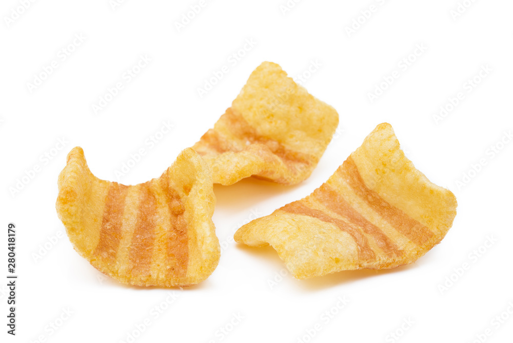 Fried wheat-potato snack with smoked bacon flavor isolated on white background Fried wheat-potato snack with smoked bacon flavor isolated on white background