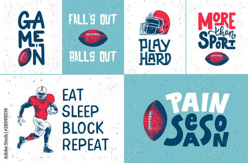 Set of vector engraved style posters, decoration and print. Hand drawn sketches of american football with modern typography and lettering. Detailed vintage etching style drawing.