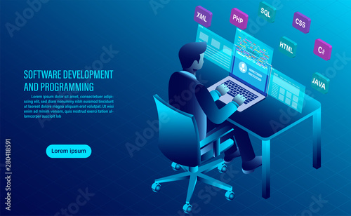 software development and coding. programming of concept. data processing. Computer code with window interface. flat isometric illustration