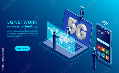 Banner 5G network wireless technology concept. smartphone with big letters 5g and People with mobile devices are sitting and standing on. Isometric flat design vector illustration