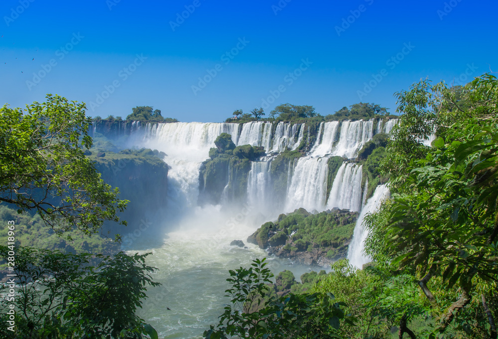 Aerial view of Iguazu Falls from the helicopter ride, one of the Seven Natural Wonders of the World , Brazil