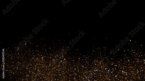 3d Illustration, Small gold dust, graphics of fire flakes, particle points and yellow-orange circles at below the frame
