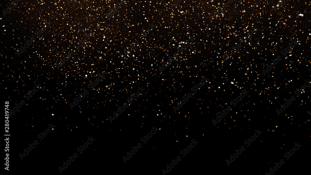 3d Illustration, Small gold dust, graphics of fire flakes, particle points and yellow-orange circles at the top of the frame