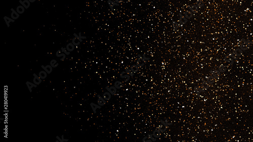 3d Illustration, Small gold dust, graphics of fire flakes, particle points and yellow-orange circles at the right of the frame