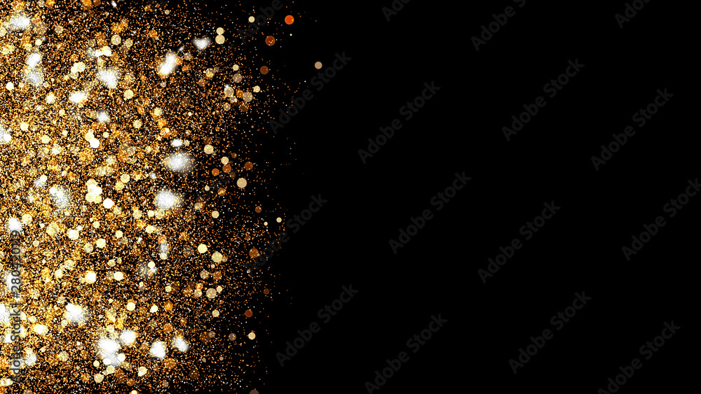 3d Illustration, Small gold dust, graphics of fire flakes, particle points and yellow-orange circles at the left of the frame