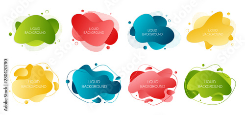 Set of 8 abstract modern graphic liquid elements. Dynamical waves different colored fluid forms. Isolated banners with flowing liquid shapes. Template for the design of a logo, flyer or presentation