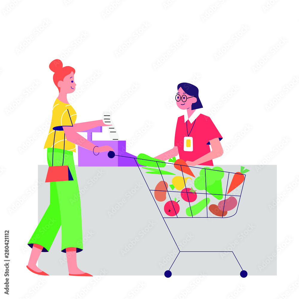 Supermarket store cashier at the cash register and buyers. Vector illustration in cartoon style. Woman in the store buys groceries. A woman in a supermarket is paying for healthy food. Supermarket store cashier at the cash register and buyers. Vector illustration in cartoon style. Woman in the store buys groceries. A woman in a supermarket is paying for healthy food.