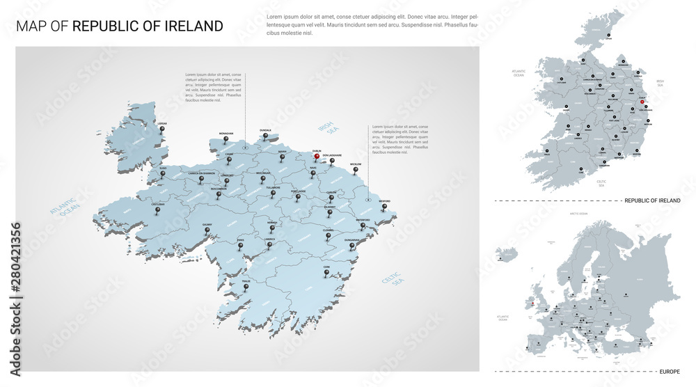 Vector set of  Republic of Ireland.  Isometric 3d map,  Republic of Ireland map, Europe map - with region, state names and city names.