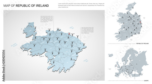 Vector set of Republic of Ireland. Isometric 3d map, Republic of Ireland map, Europe map - with region, state names and city names.