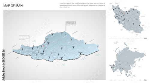 Vector set of Iran country. Isometric 3d map, Iran map, Asia map - with region, state names and city names.