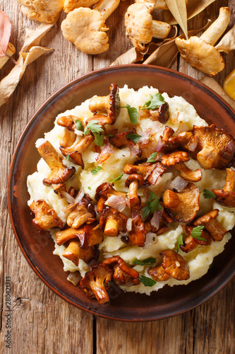 Bild auf Leinwand Traditional mashed potatoes with fried chanterelles, onions and parsley closeup on a plate
