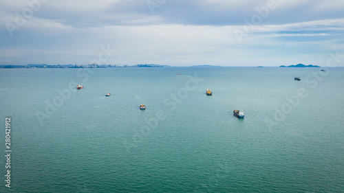 seascapes background container cargo ship import and export with cloud sky aerial view
