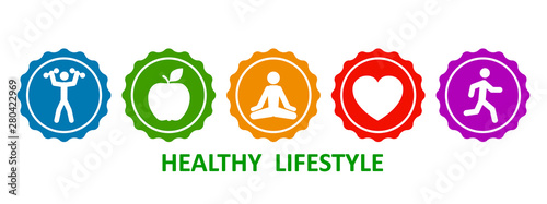 Set healthy lifestyle icons, buttons of dumbbells, apple, yoga, heart and run – stock vector