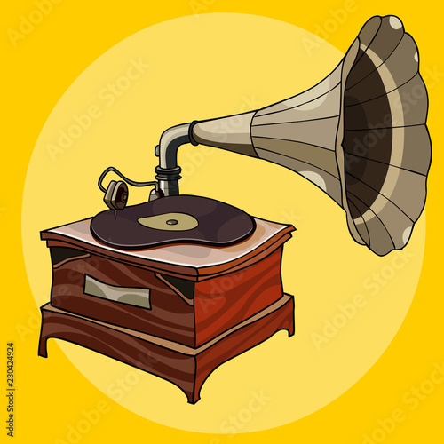 cartoon wooden vintage gramophone with curved plate