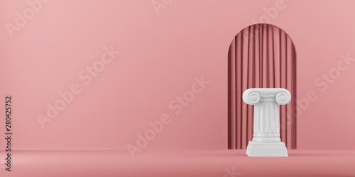 Abstract podium column on the pink background with arch. The victory pedestal is a minimalist concept. 3D rendering.
