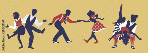 Horizontal composition of three couples. Set of pairs in 1940s or 1950s style dancing lindy hop or boogie woogie. Vector illustration in yellow, blue and red colors.