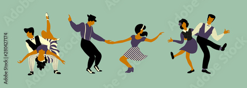 Horizontal composition of three couples. Set of people in 1940s or 1950s style dancing lindy hop or boogie woogie. Vector illustration.