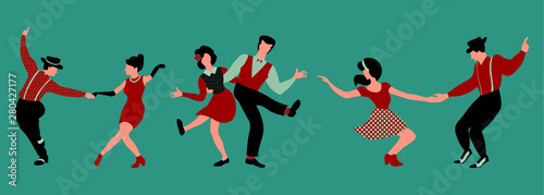 Set of three couples dancing swing. People in 1940s or 1950s style performing lindy hop or boogie woogie. Vector illustration in red and green colors.