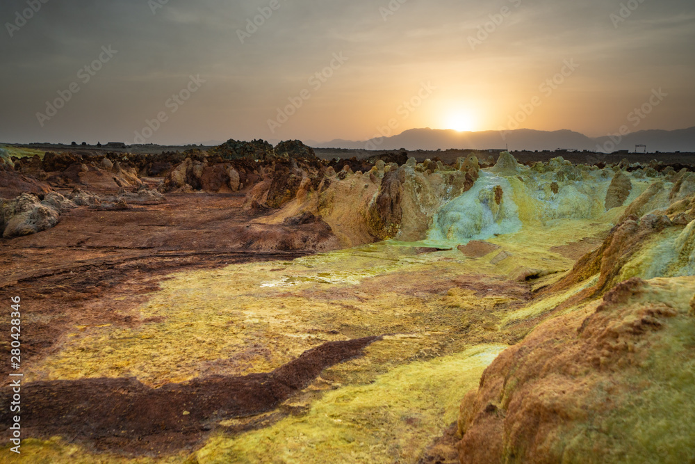 Sunset at Dalol in the Danakil Dessert, Ethiopia. One of the hottest places on the planet