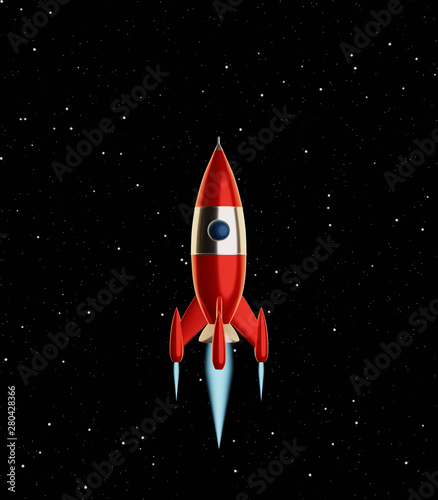 Fototapeta Naklejka Na Ścianę i Meble -  Toy space rocket red and white colors flies on a background of the starry sky. Sci-fi illustration. 3d rendering.
