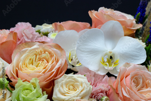 mixed bouquet of flowers close up white orchid dark background