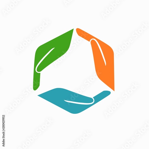 Hands logo. Abstract logo design. Vector concept or conceptual circle spiral of colorful hand symbols 