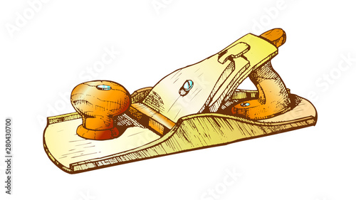 Jack-plane Hand Industry Instrument Closeup Vector. Jack-plane Equipment For Wood Processing And Manufacture Furniture. Carpenter Craft Tool Drawn In Vintage Style Color Illustration