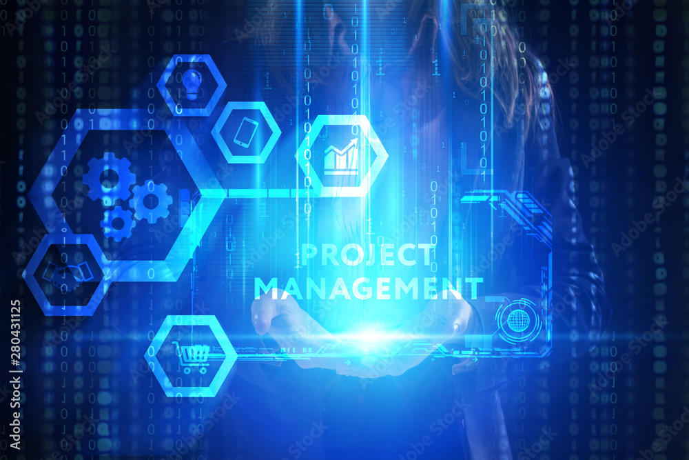 Fototapeta premium The concept of business, technology, the Internet and the network. A young entrepreneur working on a virtual screen of the future and sees the inscription: Project management