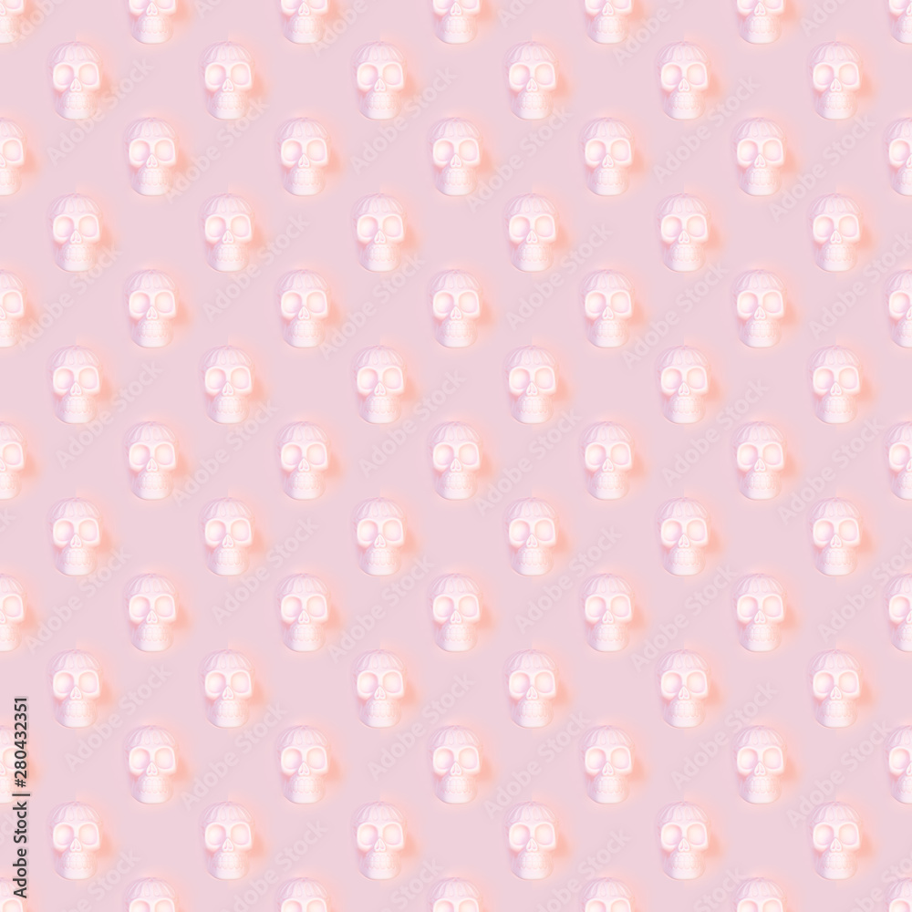 Halloween human pink skull on pastel background with free space for text. Halloween human pink skull on pastel background with free space for text.