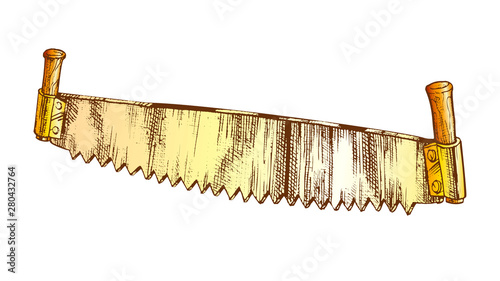 Old Model Of Two-handed Saw For Sawing Logs Vector. Double Handle Saw For Two Wooden Worker With Sharp Teeth Blade. Industrial Cutting Instrument Drawn In Vintage Style Color Illustration