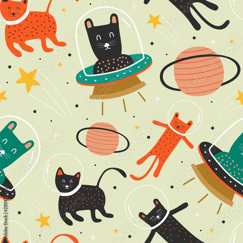 cat pattern with ufo. astronaut and planet background decoration for baby and kids fashion textile print.