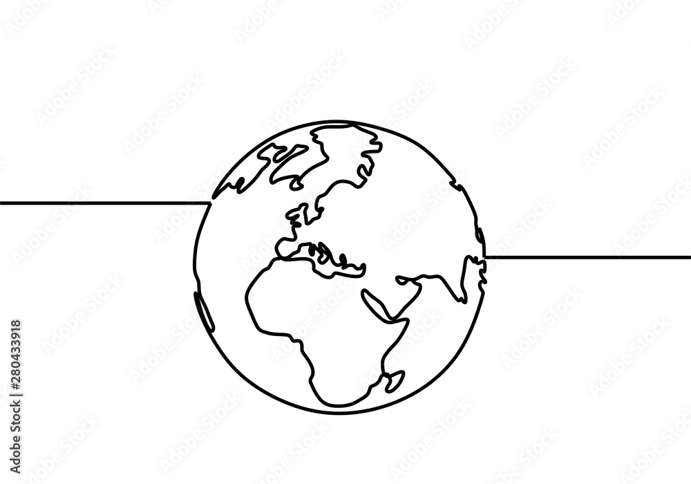 Naklejka One line style world earth globe continuous design. Simple modern minimalistic style vector illustration on white background.