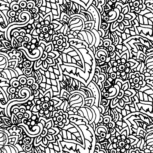 Vector hand drawn line seamless illustration of abstract colored flower and leaves