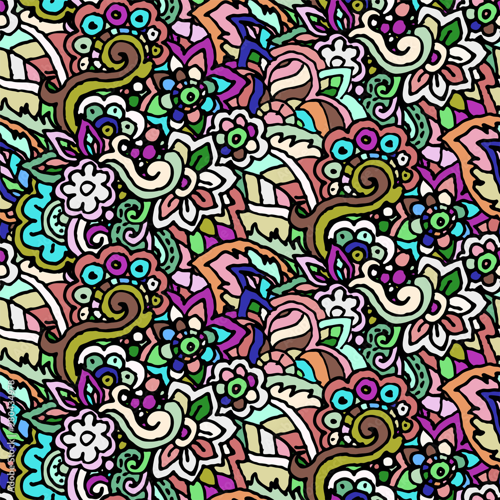 Vector hand drawn line seamless illustration of abstract colored flower and leaves Vector hand drawn line seamless illustration of abstract colored flower and leaves