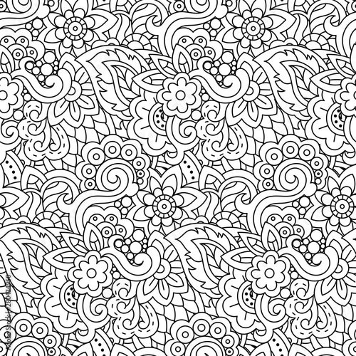 Vector hand drawn line seamless illustration of abstract colored flower and leaves