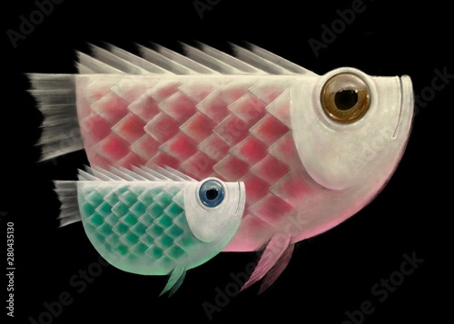 Photography Cute mother fish with baby fish illustration, painting, animal