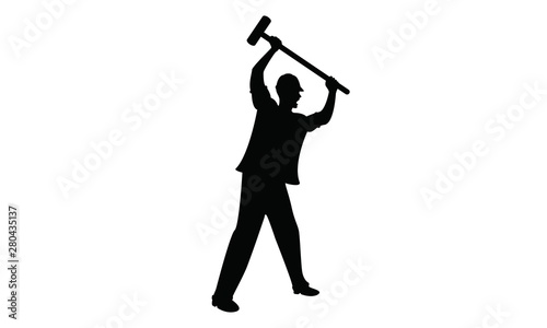 Silhouette of construction worker swinging sledgehammer vector illustration