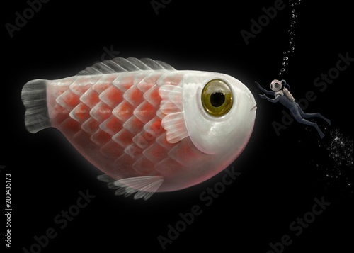 Fantasy of scuba diver with cute huge fish underwater,illustration,painting,cute animal
