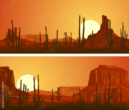 Horizontal banners of desert with cacti and rocks at sunset.